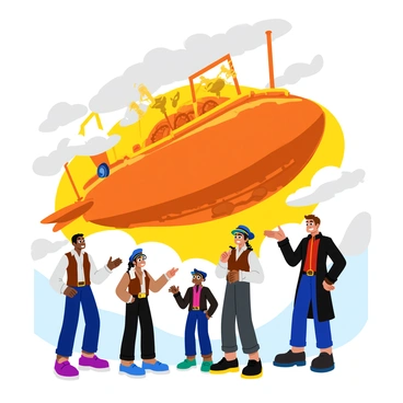 A steampunk airship soaring through the clouds with intricate brass gears and propellers visible. In the foreground, a group of five crew members, dressed in leather vests and goggles, are animatedly debating among themselves. One crew member, a tall man with a mechanical arm, gestures passionately while another, a woman with braided hair and a feathered hat, looks skeptical. The captain, standing at the helm, has a determined expression, dressed in a long coat with a high collar. Above them, fluffy white clouds surround the airship, bathed in the warm glow of the setting sun.