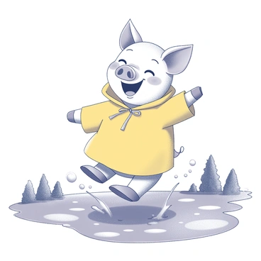A cheerful pig stands in an outdoor setting, wearing a yellow raincoat that is slightly oversized, giving it a playful appearance. The pig is mid-splash, with water droplets flying in the air as it jumps into a large puddle on the ground. Its expression is joyful, with a wide smile and bright eyes. Surrounding the pig are several smaller puddles, reflecting the raincoat's vibrant hue. The background consists of a grassy area, with a few trees lining the edges, slightly blurred to keep the focus on the pig splashing delightedly in the water.