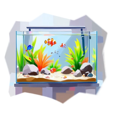 A cross-sectional illustration of an aquarium displaying a variety of fish species. The aquarium is rectangular with clear glass walls, allowing for a view of the colorful underwater environment. Inside, there are various species of fish swimming, including a vibrant clownfish with orange and white stripes, a sleek blue tang, and a school of small guppies darting through the water. Lush green aquatic plants are arranged throughout the aquarium, providing hiding spots for some fish. The substrate is a mixture of smooth gravel and sand, and small decorations like rocks and coral formations add interest to the scene. The water is clear, reflecting light and creating a visually appealing underwater landscape.