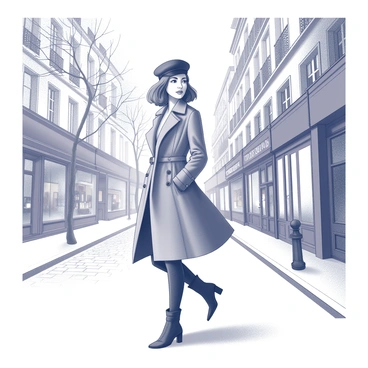 A woman walking down a Parisian street. She is wearing a beret perched elegantly on her head. She is dressed in a fashionable trench coat that flows gracefully as she walks. The street is lined with classic Parisian buildings, featuring wrought-iron balconies and boutique shopfronts. The cobblestone pavement adds texture to the scene, while a few leafless tree branches can be seen alongside the street, creating an atmosphere of a cool day in Paris.