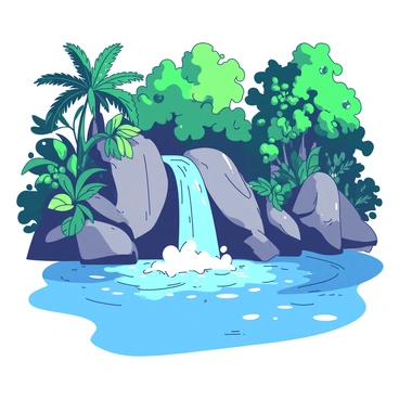 A small waterfall is cascading down smooth, gray rocks into the flowing Amazon River below. The water creates a gentle mist as it hits the surface of the river. Surrounding the waterfall, there is lush greenery with vibrant leaves and various tropical plants. The river is wide, with reflections of the nearby trees shimmering in its surface. The scene captures a sense of rich biodiversity with occasional splashes of colorful flowers peeking through the greenery.