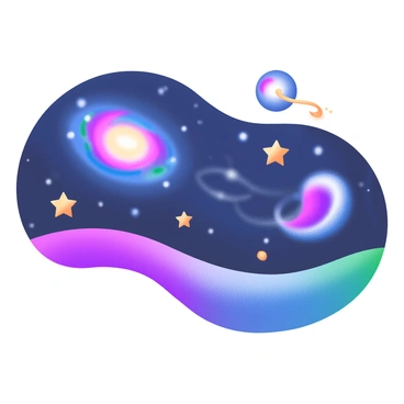 A modern pastel illustration depicting the "universe" with "galaxies" and "stars" scattered across a vast background. The galaxies are shown as swirling shapes with vibrant colors, blending blues, pinks, and purples. Each galaxy is surrounded by twinkling stars in varying sizes. Some stars are larger and brighter, while others are small and faint. The overall composition illustrates the expansive nature of the universe, with distant galaxies appearing smaller and more faded, suggesting depth and distance. The background features a gradient representing the infinite space, transitioning smoothly from deep navy to lighter shades.