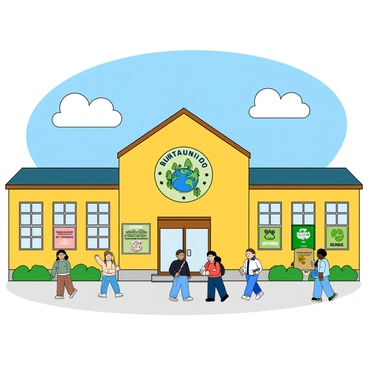 A large school building with a bright yellow exterior and a sloping roof. The walls are adorned with colorful posters displaying various messages about "recycling" and "sustainability." One poster features a smiling cartoon Earth surrounded by trees and animals, while another shows a friendly recycling bin with a cheerful face. Several students can be seen walking in front of the school, some carrying backpacks and others holding books. The sky above is blue with fluffy white clouds, adding to the lively atmosphere.