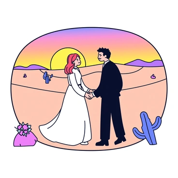 A couple stands facing each other in a desert setting during sunset. The sky is filled with warm hues of orange, pink, and purple as the sun dips below the horizon. The couple is dressed in formal attire, with the bride wearing a flowing white gown and the groom in a dark suit. Sand dunes stretch out in the background, and few scattered cacti are visible nearby. The couple holds hands, and a small, simple bouquet of desert flowers rests on a rock beside them.