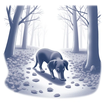 A dackel, also known as a dachshund, is sniffing along a forest path. The dackel has a long, slender body with short legs and a smooth coat. The ground is covered with a thick layer of autumn leaves in varying textures. The surrounding forest is filled with trees shedding their leaves, their branches arching overhead. The dackel has its nose close to the ground, exploring the earthy scent of the leaves and soil. Sunlight filters through the tree canopy, casting dappled shadows on the path.
