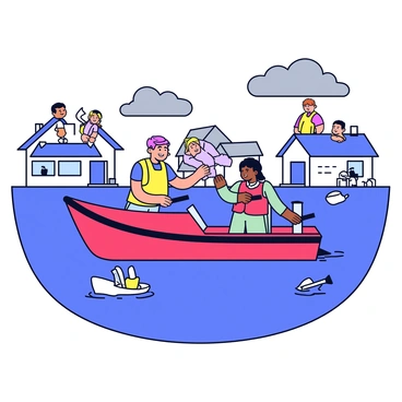 A rescue boat navigating through a flooded neighborhood, helping stranded residents