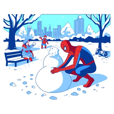 A red and blue Spider-Man is crouched down in a snowy New York City park, shaping a snowman. The snowman is partially built, with a large round snowball as the base and a smaller one on top, giving it a rounded shape. Spider-Man is using his gloved hands to pack snow tightly. Surrounding them are snow-covered trees and benches, with a few children playing in the background, throwing snowballs. In the distance, a few tall buildings of New York City can be seen, partially obscured by a light snowfall. The ground is covered in a thick layer of white snow, with footprints leading up to where Spider-Man is working on the snowman.