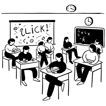 A classroom scene filled with students sitting at desks, each focused on their tasks. Several students are clicking pens, creating a repetitive sound, with "Click!" appearing prominently in the air. Pencils, notebooks, and textbooks are scattered across the desks. A blackboard is visible at the front of the room, filled with handwritten notes and diagrams. A wall clock shows the time ticking away.