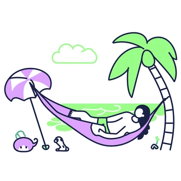 A person is lounging in a hammock suspended between two palm trees. The hammock is gently swaying, and the person is relaxed, wearing a light-colored shirt and shorts. In the background, the seaside stretches out, with waves gently lapping against the shore. The sky is clear, and a few fluffy clouds are scattered above. Small seashells and bits of driftwood are visible on the sand nearby. A beach umbrella provides shade beside the hammock, creating a peaceful atmosphere.