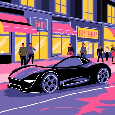A 3D luxury car parked in a lively city's nightlife district