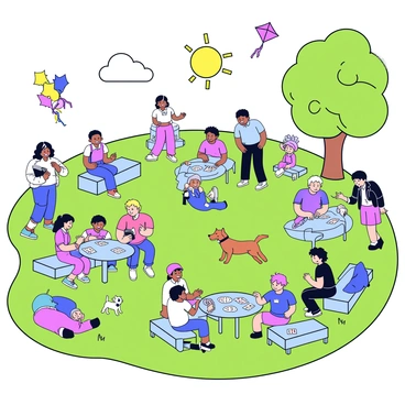 A bustling urban park filled with green grass and trees. Groups of people of all ages are gathered around tables playing a game of loto. Some children are sitting on the grass with their cards, while adults stand nearby, laughing and chatting. Brightly colored kites fly in the sky above, and a small dog runs playfully between the players. Benches are filled with spectators watching the games unfold, and the sun is shining down, creating a lively atmosphere.