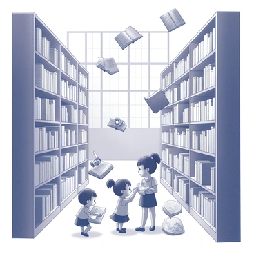 A library filled with tall shelves lined with numerous books. The scene features illustrated books, some opened, floating gracefully in mid-air. In the foreground, vibrant characters from the pages are depicted coming to life, interacting with the environment. They are engaging with one another, and some are reaching toward readers. The library is designed with ornate details, featuring large windows that let in natural light, highlighting the enchanting atmosphere.