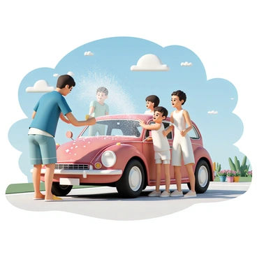 A family washing a car in their driveway on a sunny day, with soap suds everywhere