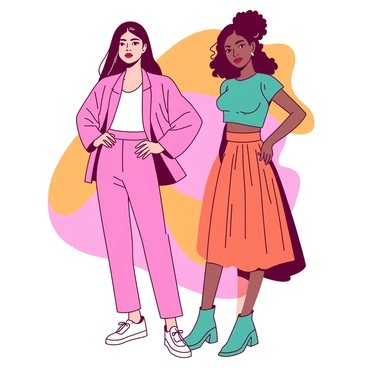 Two models are standing side by side, each wearing vibrant, trendy outfits. The first model is dressed in a pink oversized jacket with matching pink high-waisted trousers and white sneakers. The second model is wearing a teal crop top paired with an orange pleated skirt and teal ankle boots. Both models have confident expressions and their hands placed on their hips. Behind them, a bright abstract background features swirls of orange and pink colors, enhancing the boldness of their outfits.