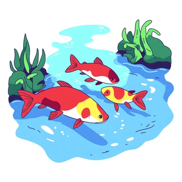 A set of vibrant fish in various colors, including shades of red and yellow, are swimming gracefully in crystal clear waters. The river is flowing gently, with sunlight filtering through the surface, creating shimmering reflections. Lush green plants line the riverbed, adding to the natural beauty of the scene. The fish are interacting playfully with each other, showcasing their vivid patterns as they navigate through the gentle current.
