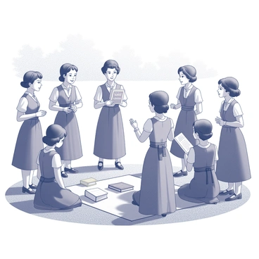 A group of girls dressed in period-appropriate attire resembling that of "Susan B. Anthony." They are gathered in a park setting, with a large, open grassy area surrounded by trees. Each girl is wearing a long dress with high collars and fitted bodices, and some have sashes or hats that indicate their involvement in the suffragette movement. The girls are standing in a circle, engaged in animated discussion, with one girl holding a sign that reads "Votes for Women." There are books and pamphlets scattered on a nearby picnic blanket, and a couple of them are seated, taking notes or sharing ideas. The atmosphere captures a sense of unity and purpose as they reenact a historic moment in the pursuit of women's rights.