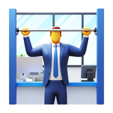 A professional in business attire doing pull-ups on a doorframe bar. The individual is wearing a tailored suit with a crisp white shirt and a tie that contrasts with the suit color. The office setting features a modern design, with a desk and computer visible in the background. Natural light streams in through a large window, illuminating the scene. The doorframe bar is sleek and metallic, securely fastened to the doorframe. The professional displays focused determination while engaging in the exercise, showcasing strength and fitness during a break from work.