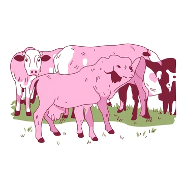 A light pink newborn calf with soft, fluffy fur is standing shakily on its slender legs for the first time. The calf is in a grassy field, surrounded by several adult cows. The cows, a mix of shades of white and brown, are closely watching the calf with attentive expressions. The sun is shining down, casting gentle shadows on the ground, and the overall atmosphere is filled with a sense of warmth and new beginnings.