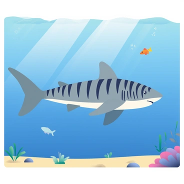 A lone tiger shark is swimming gracefully through the deep blue ocean. The shark has distinct, dark stripes along its body, which are prominent against its light gray skin. Sunlight filters down from the surface, creating shimmering patterns in the water around the shark. Small fish can be seen darting in the background, adding a sense of movement to the peaceful underwater scene. The water is clear, revealing the sandy ocean floor below, which is scattered with small rocks and marine plants.