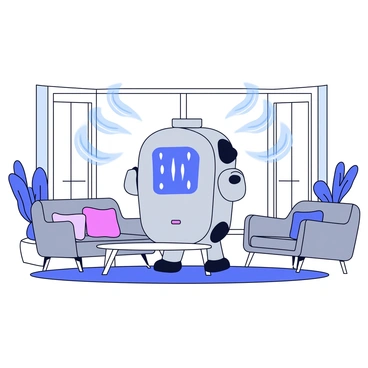 A futuristic robot-shaped air purifier with a sleek metallic design is positioned in the center of a modern living space. The air purifier has smooth, rounded edges and glowing blue accents. It is actively emitting clean air, depicted with gentle waves radiating from its vents. Surrounding the air purifier are minimalist furniture pieces, including a low coffee table and a gray sofa with geometric cushions. Large windows allow natural light to fill the room, highlighting a few indoor plants placed nearby. The floor is made of polished wood, and a simple rug adds a touch of warmth to the scene.