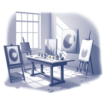 An artist's studio filled with various paint tubes and brushes scattered across a wooden worktable. Canvases of different sizes are propped against the walls, some featuring bold abstract art pieces. The floor is scattered with paint splatters, suggesting an active creative process. In one corner, an easel stands with a partially finished artwork. Sunlight streams in through a large window, illuminating the textures of the paint and the vibrant energy of the space.