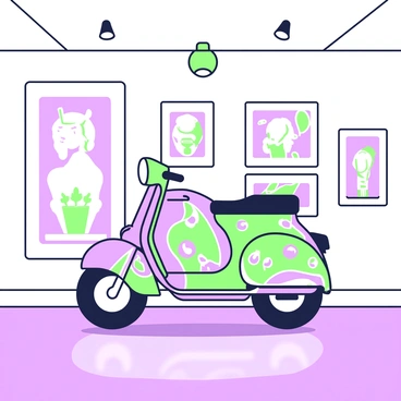 A vibrant artistic painting on an old moped displayed in an art gallery