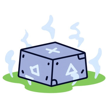 An ancient stone altar with a rough, weathered surface. The altar is square-shaped and stands slightly elevated on a patch of green grass. Surrounding the altar are glowing symbols etched into the stones, radiating a soft blue light. Wisps of enchanted fog swirl gently around the base of the altar, creating an ethereal atmosphere. The scene is illuminated by the glow of the symbols, casting faint shadows on the ground.