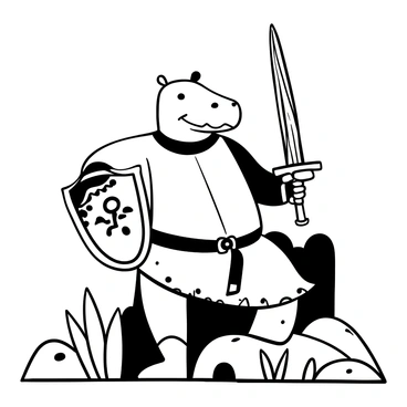 A hippopotamus wearing shiny knight armor stands confidently. The armor covers its large body and includes intricate designs. The hippopotamus is holding a shield in one hand that displays a bold emblem, while in its other hand, it grips a sword pointed upwards. The ground beneath it features blades of grass and rocks, creating a sense of a battlefield. In the background, there are hints of a castle wall, adding to the knightly theme.