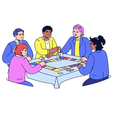 A Monopoly board is set up on a flat surface, featuring colorful property spaces and game pieces. Four players, two men and two women, are gathered around the board. They are smiling and shaking hands with each other, displaying friendly gestures of camaraderie. Each player has a distinct game piece in front of them. The background shows a cozy room with soft lighting and a tablecloth. A few scattered game cards and money are also visible on the table.