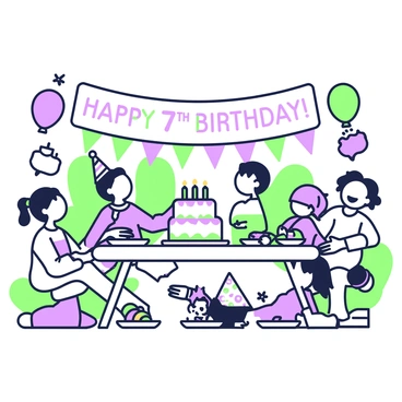 A joyful child's birthday party is taking place in a spacious backyard. In the center, there is a large cake on a table, decorated with candles and colorful icing, reading "Happy 7th Birthday." Surrounding the cake are plates filled with slices of the cake and various snacks, including balloons of different shapes floating above the table. A group of children is gathered around, wearing party hats and holding small party favors. Some of the kids are playing games while others are laughing and enjoying a piñata shaped like a star. Colorful decorations adorn the area, and a banner hangs above, displaying "Happy Birthday!" in large playful letters.