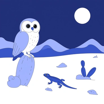 A desert landscape at night, illuminated by moonlight. In the foreground, a large owl perches on a cactus, its wide eyes open and alert, showcasing detailed feathers. Nearby, a night lizard crawls on the sandy ground, its scales glinting subtly in the moon's light. Silhouetted dunes rise in the background, creating gentle curves against the night sky. A few scattered rocks and sparse desert vegetation complete the scene, emphasizing the quiet activity of nocturnal creatures.