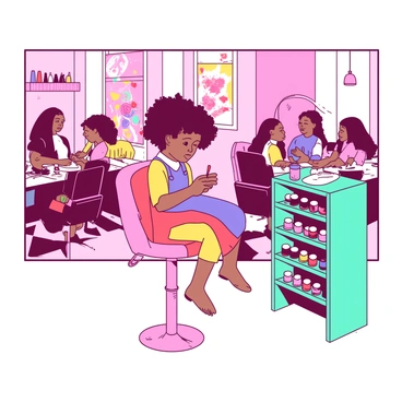 A small child with curly brown hair is sitting on a tall pink stool, focused on painting their nails with bright red nail polish. The child is wearing a colorful apron. Surrounding them, the nail salon is bustling with activity. Various customers are seated at manicure stations, each having their nails done with different colors. A teal display rack filled with nail polish bottles stands nearby. The walls of the salon are adorned with posters showcasing vibrant nail art designs. The atmosphere is lively, with the sounds of conversation and the faint hum of nail equipment filling the air.