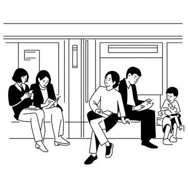 An artist is sitting on a bench in a subway car, focused on sketching on a notepad. The artist has short hair and is wearing a casual shirt and jeans. Around the artist, several passengers are seated, each engaged in their own activities. A woman with long hair is reading a book, a man in a suit is looking at his phone, and a child is playing with a toy. The interior of the subway car features metal poles, overhead lights, and advertisements on the walls. The motion of the train creates a slight blur in the background.