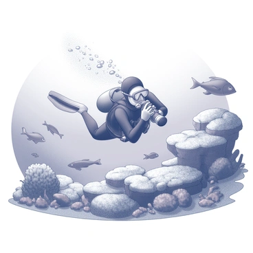 A diver is submerged underwater, capturing images with a camera. The diver is wearing a wetsuit and a diving mask, with bubbles rising around them. Surrounding the diver is a tropical reef teeming with coral formations and a variety of fish. The reefs have intricate textures and patterns, providing a lively habitat for marine life. In the foreground, a school of small fish swims by, while larger fish can be seen in the background. The scene is filled with details of the underwater environment, showcasing the diverse ecosystem.