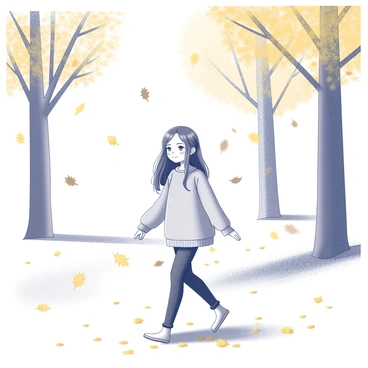 A girl with long hair is walking along a path in a park. She is wearing a light sweater and has a gentle expression on her face. Autumn leaves are falling around her, creating a dynamic scene as they drift from the trees above. The ground is covered in a mix of yellow and brown leaves, adding to the seasonal atmosphere. The trees surrounding her are tall and have a variety of leaf shapes, showcasing the transition of the season.