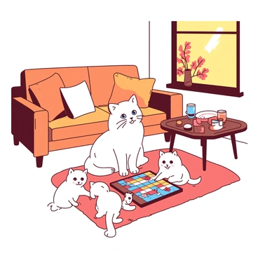 A white ragdoll cat with striking blue eyes is sitting on a soft, plush rug in the center of a cozy living room. Surrounding the cat are three smaller ragdoll kittens, each focused intently on a colorful board game spread out before them. A warm orange sofa is positioned against the wall, and a wooden coffee table holds snacks and drinks. Soft pillows in various shades of orange and white decorate the sofa. In the background, a window lets in warm light, casting gentle shadows across the room and highlighting a few houseplants on the windowsill.