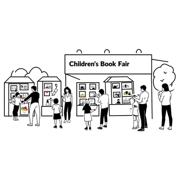 A scene depicting a lively fair taking place in the UK. In the foreground, there are several booths lined up, each featuring colorful displays of "children's book illustrations." Each booth is staffed by enthusiastic attendees, engaging with visitors. People of various ages are browsing the illustrations, with some children pointing excitedly at their favorite characters. A large banner hangs above the fair entrance, displaying the words "Children's Book Fair." In the background, there are trees and a clear sky, completing the outdoor atmosphere of the event.