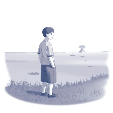An older brother stands in a vast, open field. He is looking towards the horizon where a distant celebration is taking place. His facial expression is one of concern, featuring a frown that suggests he may be feeling left out or worried about something. The field around him is dotted with tall grass swaying gently in the breeze, creating a sense of isolation in the scene. His posture is slightly slouched, and his hands are placed in his pockets as he observes the festivities from afar.