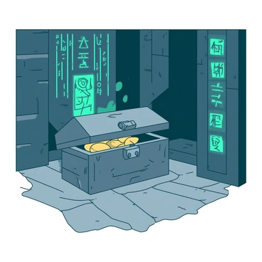 A grey stone chest is positioned in the center of an ancient tomb. The chest has intricate carvings and a slightly ajar lid, revealing a glimpse of golden artifacts inside. Surrounding the chest are walls adorned with vibrant teal hieroglyphs and mystical symbols, each telling a tale of the past. Dim lighting casts shadows across the stone floor, enhancing the mysterious atmosphere of the tomb. The air is filled with an aura of ancient secrets waiting to be uncovered.