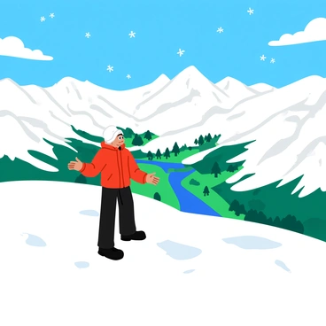 A lone climber standing triumphantly at the summit of a snowy mountain. The climber is wearing a bright red jacket and black climbing gear, with a white snow cap on their head. Snowflakes are gently falling around them, creating a magical atmosphere. The background features a vast landscape of rugged white peaks stretching across the horizon, with a bright blue sky above speckled with fluffy white clouds. Below, a winding valley can be seen, dotted with patches of evergreen trees and glistening icy patches. The climber's gaze is directed toward this expansive view, capturing a sense of achievement and wonder.