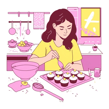 A person with brown hair is carefully decorating a set of cupcakes using bright pink and yellow icing. The kitchen is filled with various baking tools, including a whisk, measuring cups, and a colorful spatula. The countertop is adorned with a pastel-colored mixing bowl and a tray filled with freshly baked cupcakes. There are sprinkles scattered around the workspace, adding to the vibrant atmosphere of the scene. The walls of the kitchen are painted in light colors, and there are decorative items such as a fruit bowl and patterned dish towels nearby.