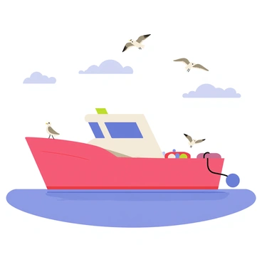 A small fishing boat with a bright red hull floats gently on a calm sea. The boat has a white canopy and fishing gear visible on the deck. Several seagulls with white feathers and gray wings soar above the boat, some are gliding while others are perched on the boat's edge. The water is a clear blue, reflecting the sky, which is mostly sunny with a few fluffy white clouds scattered throughout.