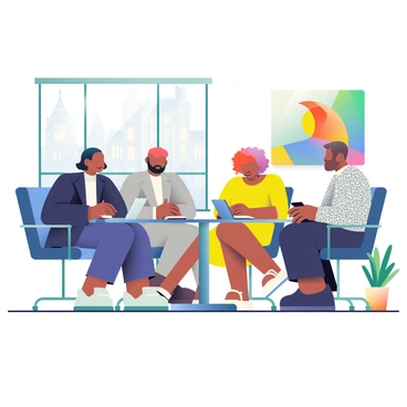 A group of four UK illustration agents is seated around a modern, circular glass table in a stylish London office. The agents are diverse in appearance, featuring a woman with black hair in a sleek bob, wearing a tailored navy blazer, a man with short brown hair in a light gray shirt, a woman with curly red hair in a bright yellow dress, and a man with a beard in a patterned sweater. They are engaged in conversation, with notebooks and digital tablets in front of them. Large windows allow natural light to flood the room, revealing a view of iconic London architecture outside. A vibrant piece of artwork is displayed on the wall behind them, adding color to the sophisticated atmosphere. A potted plant sits in the corner, contributing to the contemporary decor.