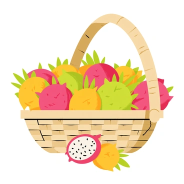 A woven basket filled to the brim with dragon fruits. Each dragon fruit has a vibrant and distinct appearance, showcasing a variety of colors such as deep pink, bright green, and vivid yellow. The unique patterns on the skin of the fruits include scales, spikes, and smooth patches. The basket is placed on a wooden surface, and a few dragon fruits are tumbling out, adding to the abundance.