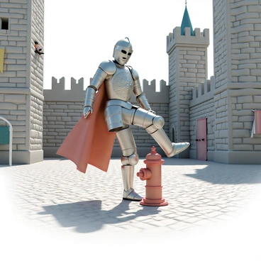 A knight in armor humorously attempting fire hydrant exercises in a medieval castle courtyard