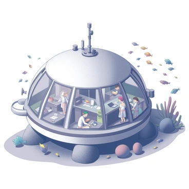 An underwater research station is positioned on the ocean floor. The structure is dome-shaped, featuring multiple large observation windows that offer views of the surrounding marine environment. Various antennas and sensors are attached to the exterior, indicating the use of advanced PMAT technology. Inside the station, scientists are engaged in various activities, such as observing marine life through the windows, analyzing samples at a lab table, and recording data on devices. Schools of colorful fish swim by, and coral formations are visible in the background, creating an engaging underwater ecosystem.