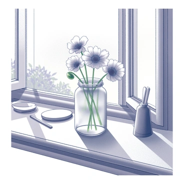 A rustic jar made of glass, filled with freshly picked "poppies" in various stages of bloom. The jar is placed on a "kitchen windowsill" that has wooden accents. Sunlight streams through the window, casting shadows on the surface below. Behind the jar, there are various kitchen items, such as a small dish and a cutting board, adding to the homely atmosphere. The background features a hint of a garden, visible through the window, suggesting a connection to nature.