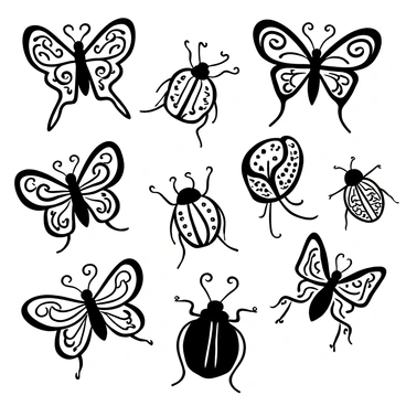 A collection of insects displayed on a plain surface. Each insect is detailed with intricate patterns, incorporating swirling lines and organic forms in an Art Nouveau style. The designs emphasize symmetry and decorative flourishes. There are various types of insects such as butterflies, beetles, and dragonflies, showcasing their unique shapes and structures. Each insect is outlined distinctly, with the patterns filling their wings and bodies while remaining in black and white. The arrangement is balanced, with each insect positioned to highlight its distinct design.