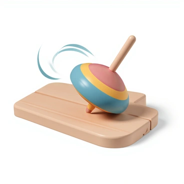 A colorful spinning top, painted with vibrant red, blue, and yellow patterns, is in the process of wobbling. The top is made of wood and has a shiny, smooth surface reflecting light. It is spinning on a wooden table, which has a natural grain texture. The background is softly blurred to emphasize the motion of the spinning top. The top is tilting at an angle as it prepares to fall, with motion lines indicating its rapid movement.
