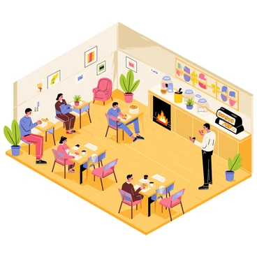 A warm, inviting cafe with wooden tables and chairs arranged neatly. The walls are adorned with colorful artwork and small plants. A large, crackling fireplace is situated at one end of the cafe, with a cozy seating area around it. The floor is made of polished wooden planks, and warm lighting casts a soft glow throughout the space. Customers are enjoying their drinks, some are reading books, while others are engaged in conversation. A counter filled with pastries and coffee machines is visible, with a barista preparing drinks.